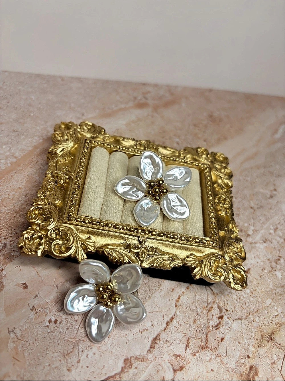 Floral Frame Brooch in Gold & White Earrings | Stainless Steel | Tarnish Free